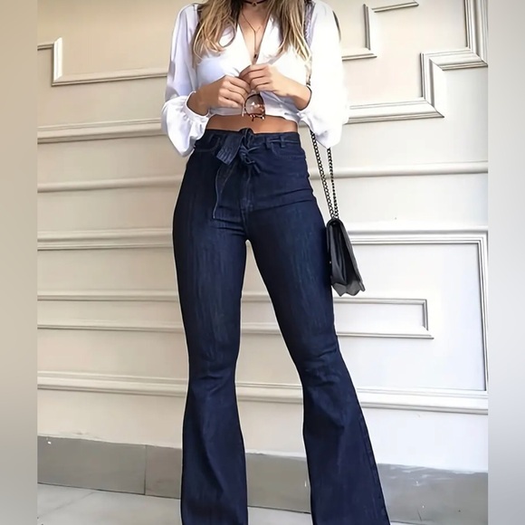 Pantete Denim - Pantete High-Rise Bell-Bottom Jeans Flare Wide Leg & Belt Sz Med